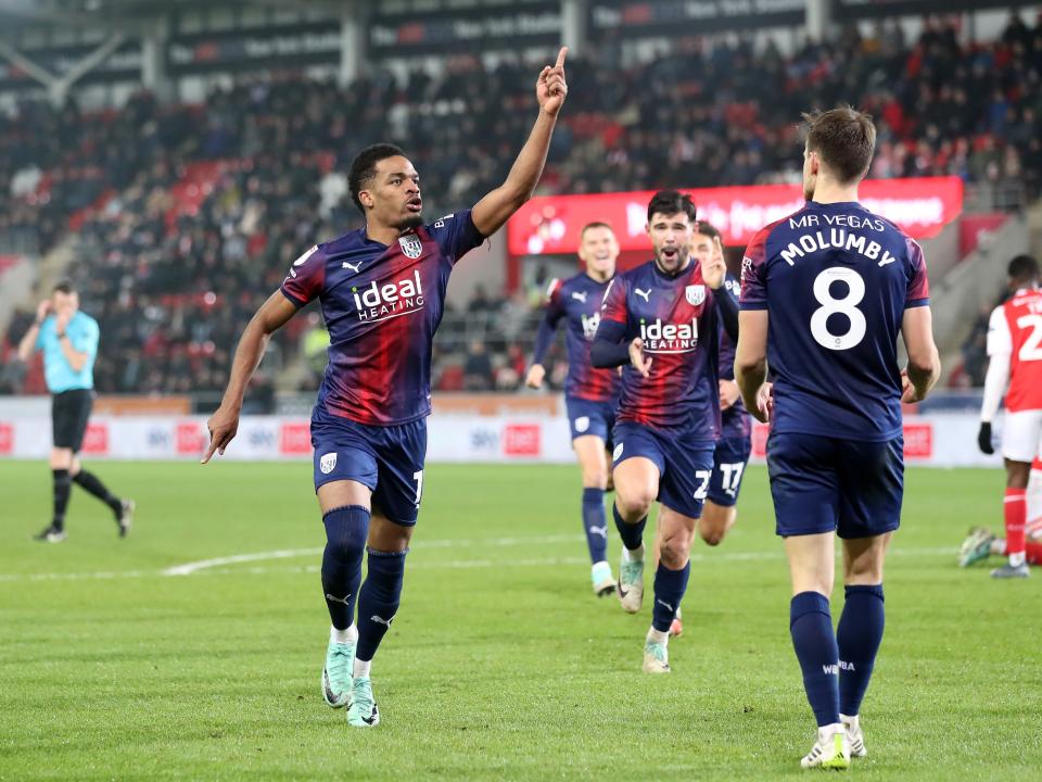 Grady Diangana celebrates scoring against Rotherham with his team-mates