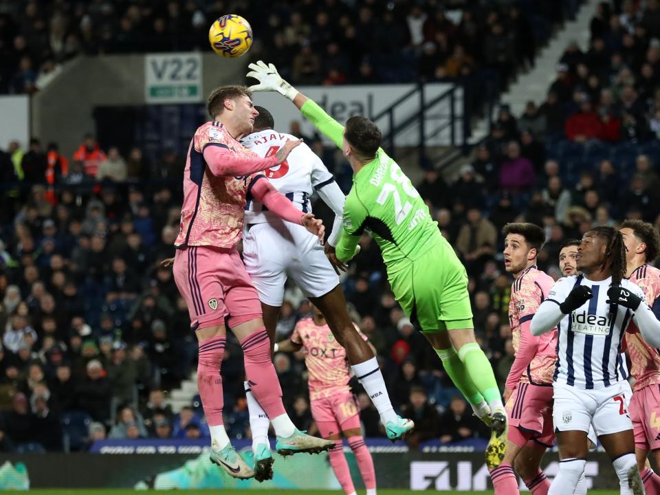 Semi Ajayi challenges for the ball against Leeds