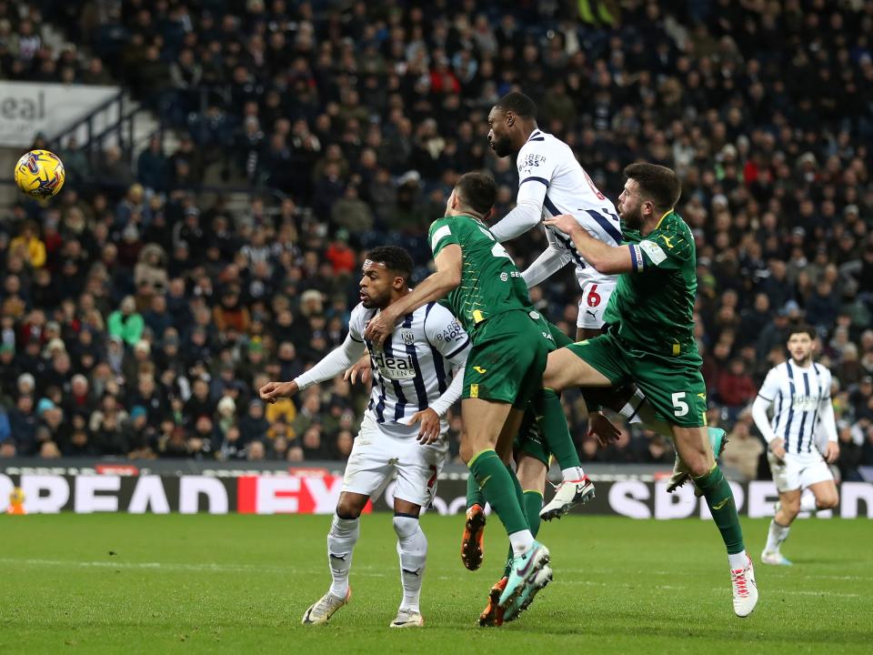 Semi Ajayi leaping to head the ball against Norwich
