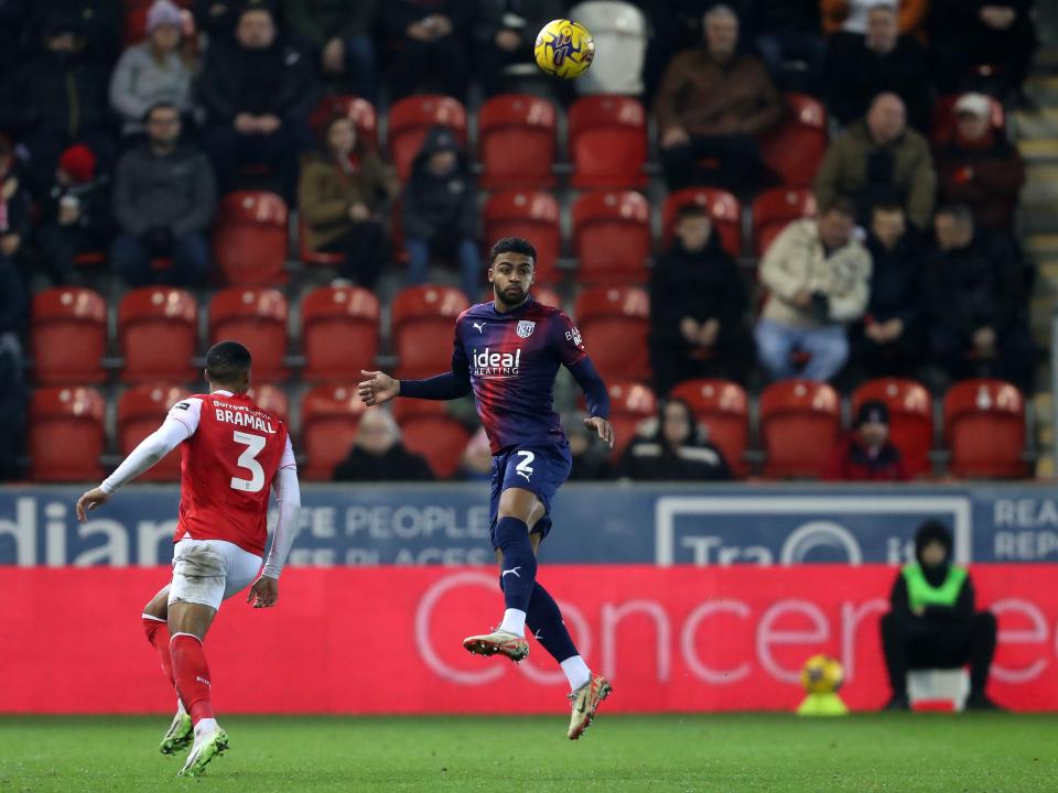 Darnell Furlong waiting to head the ball at Rotherham