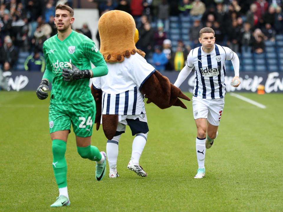 Alex Palmer, Baggie Bird and Conor Townsend on the pitch at The Hawthorns ahead of kick-off against Stoke