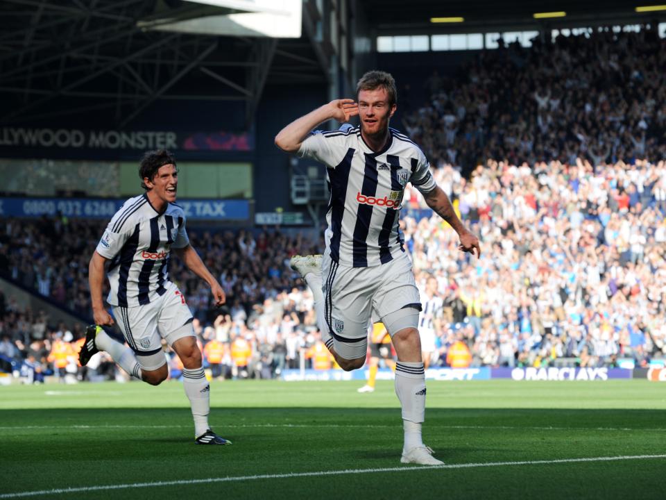 Chris Brunt celebrates scoring against Wolves at The Hawthorns in October 2011