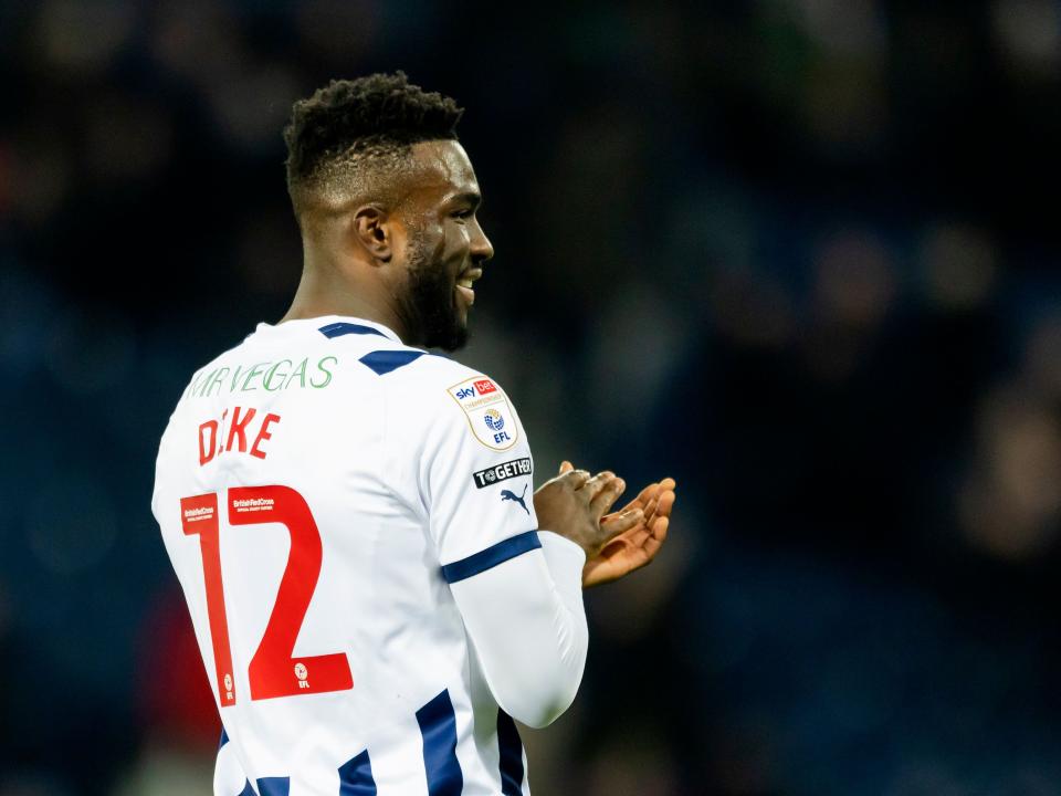 Daryl Dike applauds supporters after full time against Blackburn