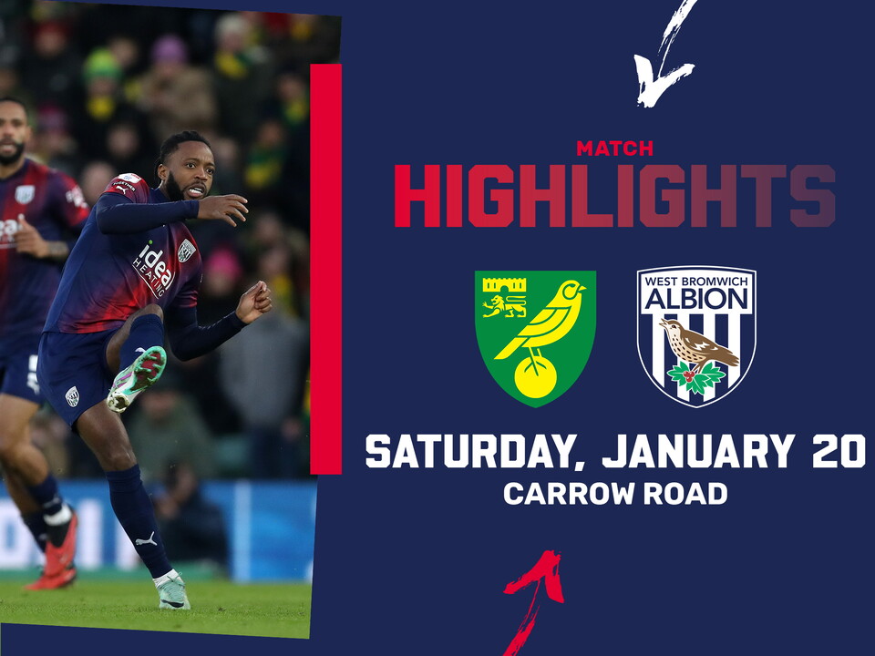 A match highlights graphic, in blue and red 2023/24 away colours, showing the club crests of Norwich and Albion