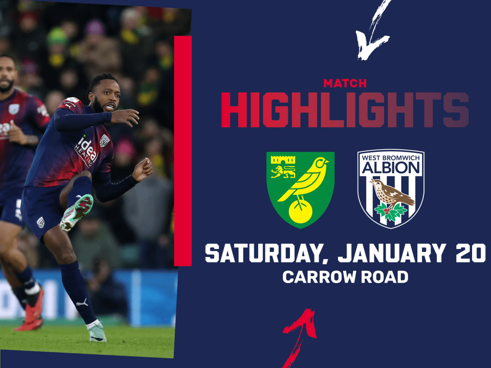 A match highlights graphic, in blue and red 2023/24 away colours, showing the club crests of Norwich and Albion