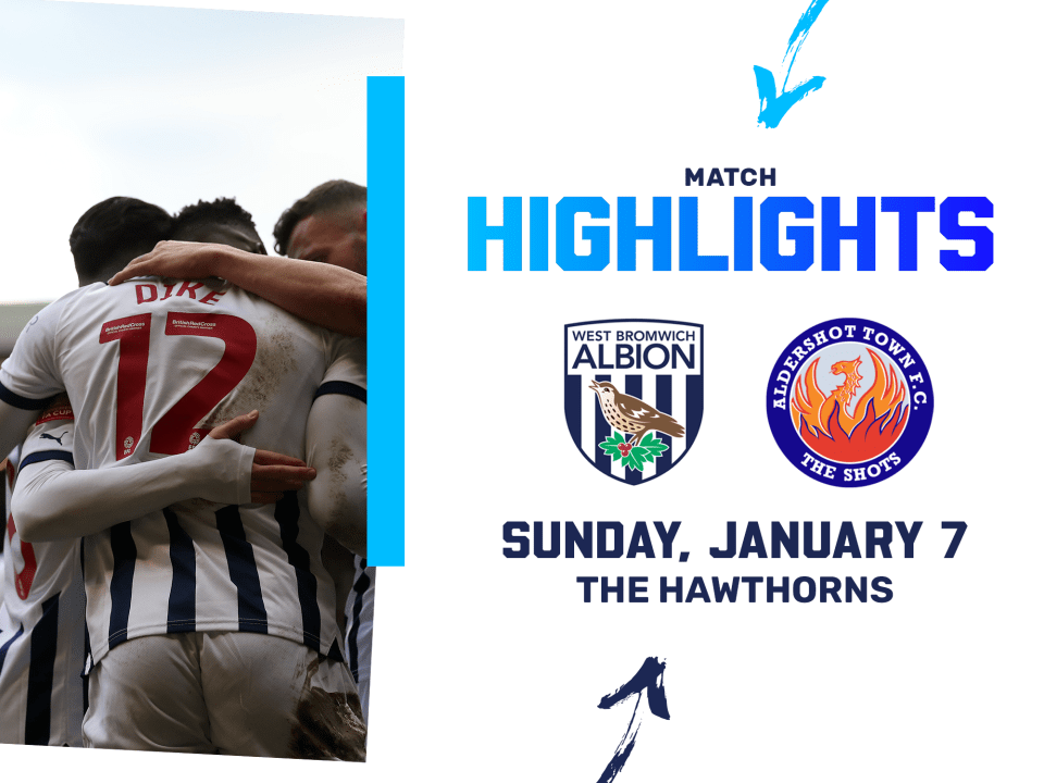 A highlights photo graphic in the 2023/24 home colours, showing Daryl Dike celebrating, along with the club crests of Aldershot and Albion