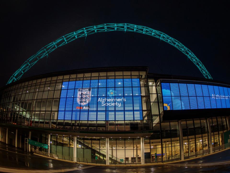 Wembley Stadium with Alzheimer's Society branding 