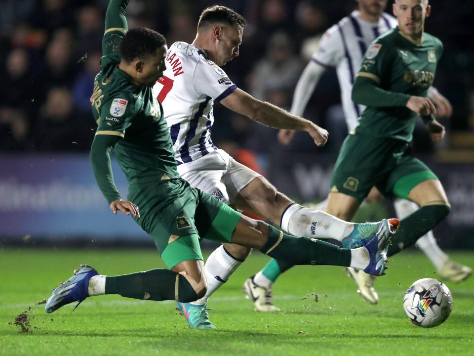Andi Weimann shoots towards goal against Plymouth 