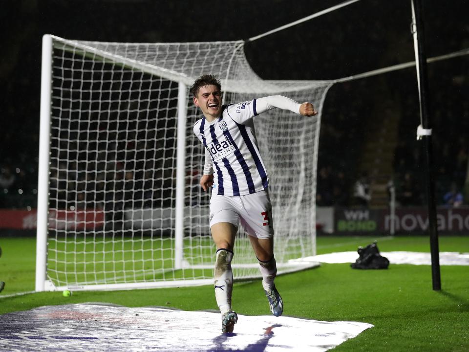 Tom Fellows celebrates scoring against Plymouth