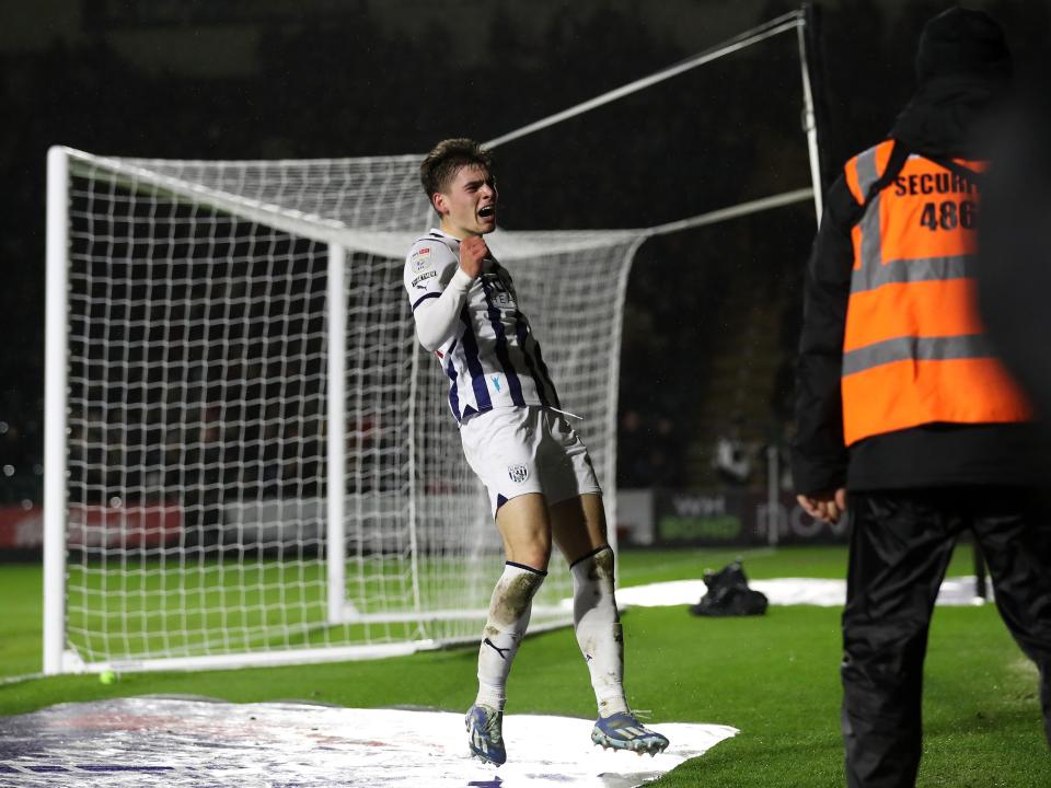 Tom Fellows celebrates scoring against Plymouth