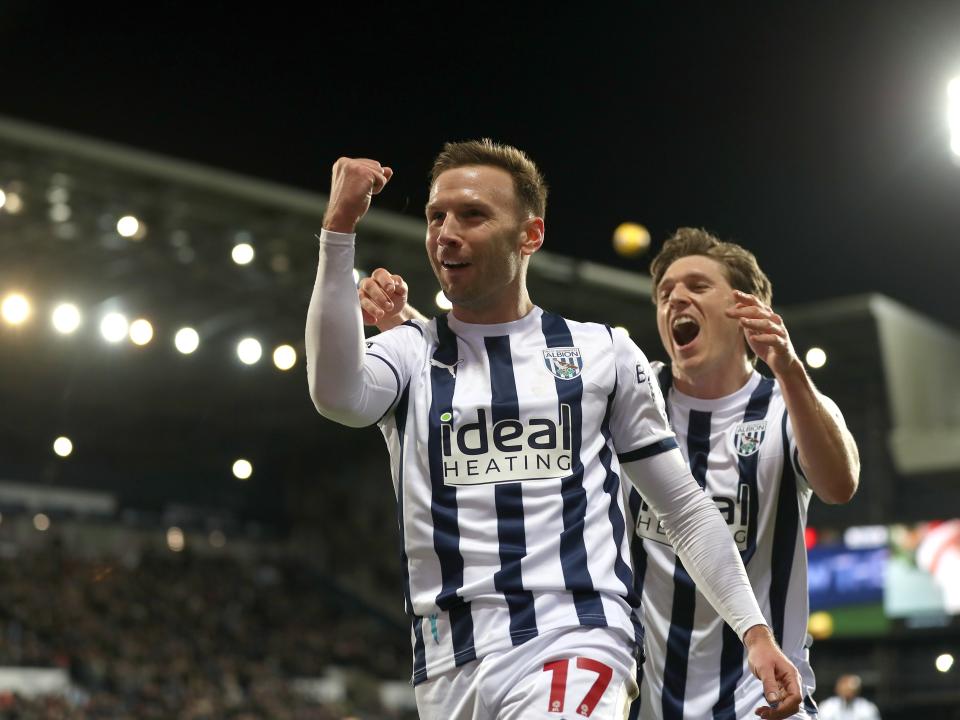 Andi Weimann celebrates scoring against Cardiff with Adam Reach