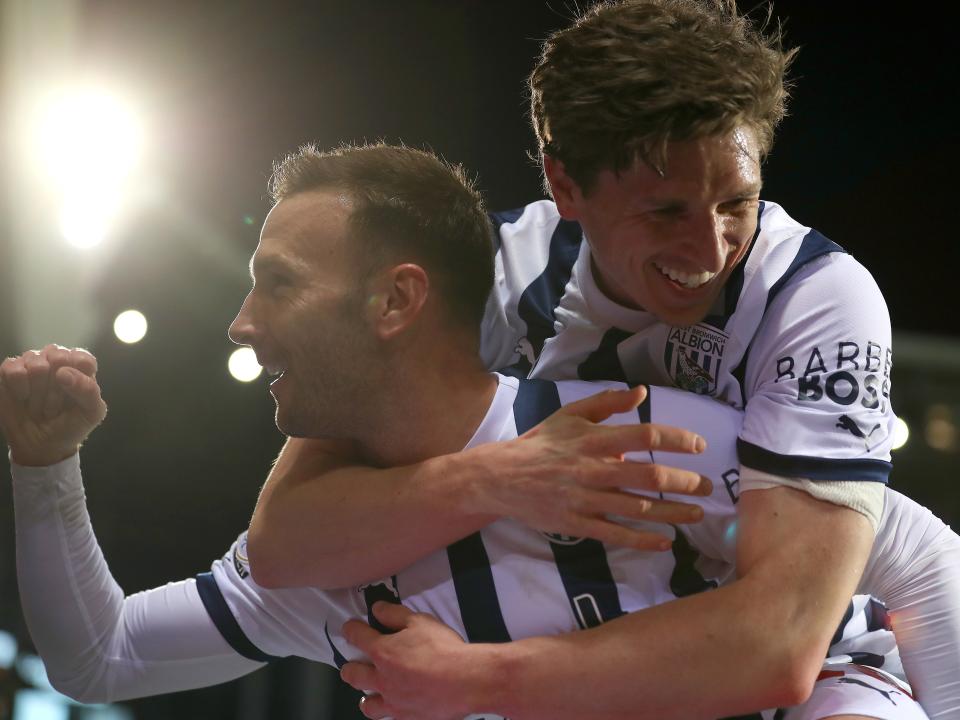 Andi Weimann celebrates scoring against Cardiff with Adam Reach