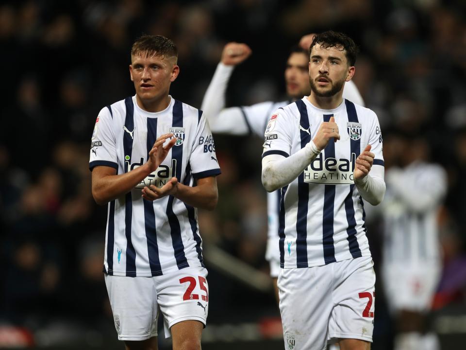 Callum Marshall and Mikey Johnston applaud Albion fans after beating Blues