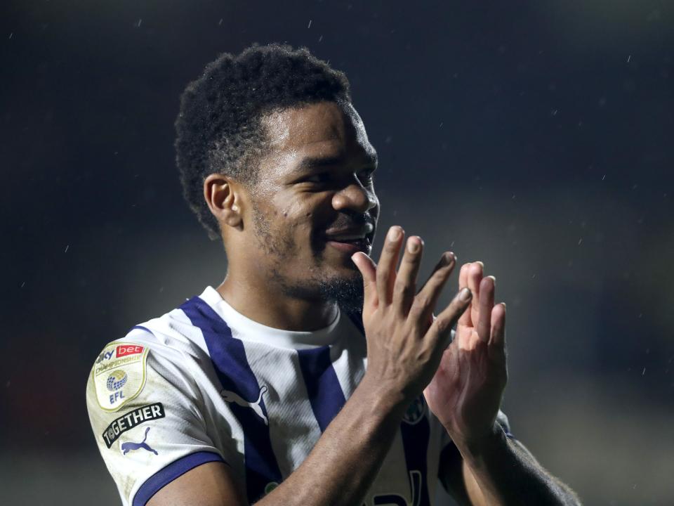 Grady Diangana applauds Albion fans after the full-time whistle at Plymouth