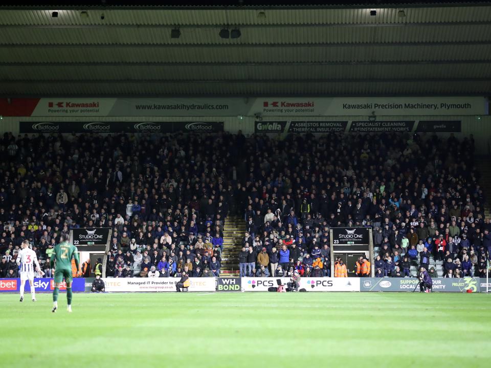 A general view of 1,100 Albion fans at Plymouth in the away end