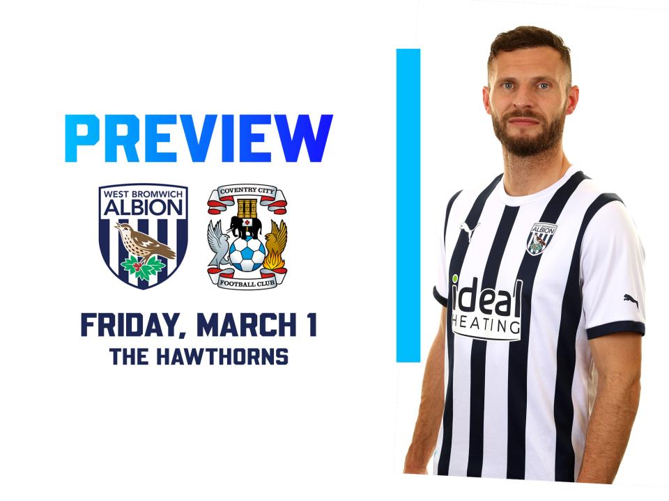 WBA & Coventry City badges on the home match preview graphic with an image of Erik Pieters smiling at the camera in the home shirt