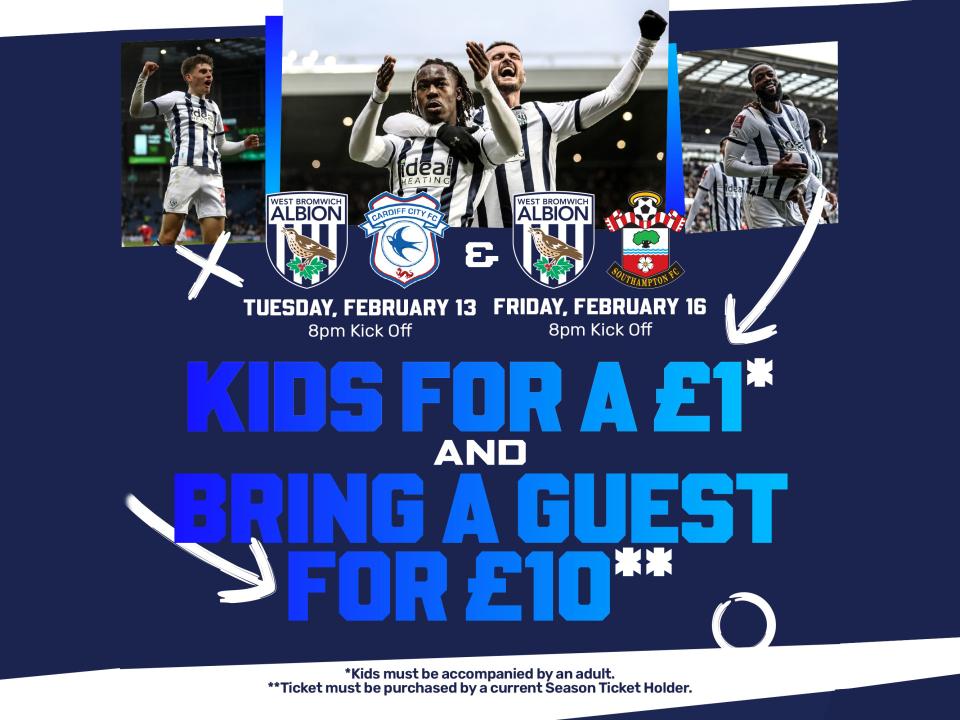 A ticket graphic displaying information for Albion's games against Cardiff and Southampton