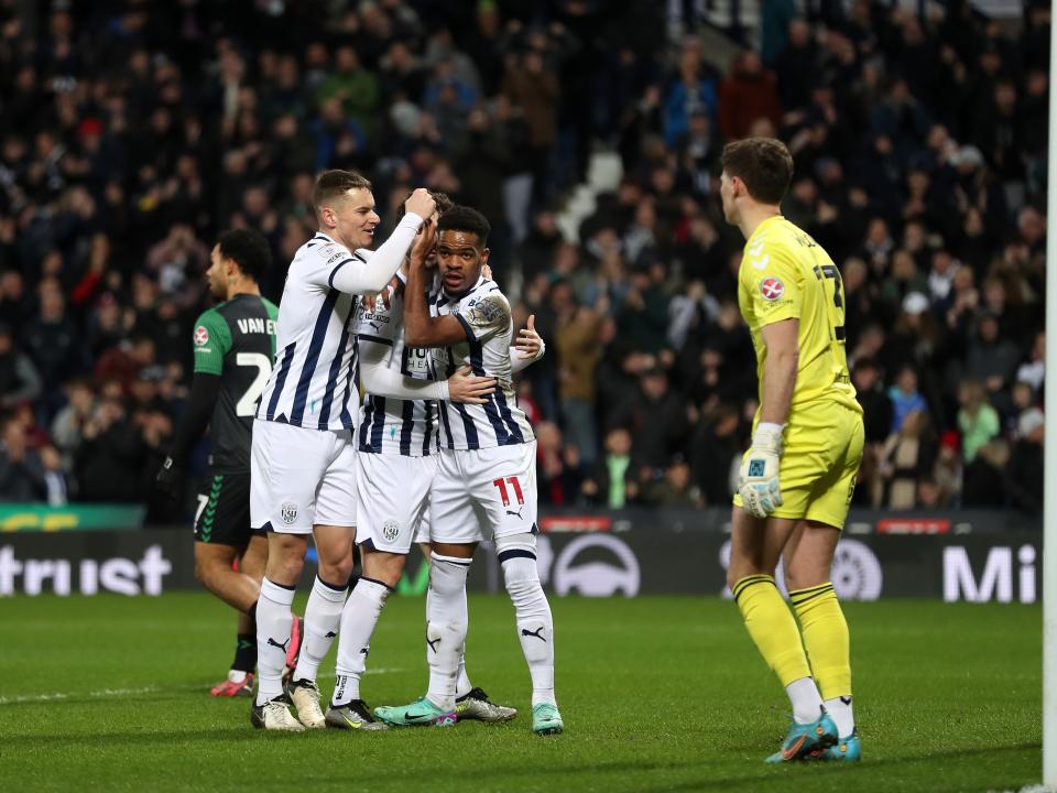 Grady Diangana celebrates his goal against Coventry with Conor Townsend and Mikey Johnston