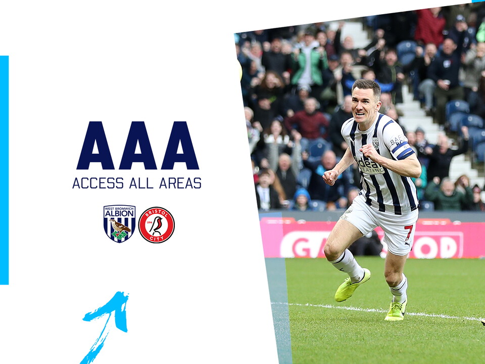 An AAA graphic showing the club crests of Albion and Bristol City, with a photo of Jed Wallace celebrating
