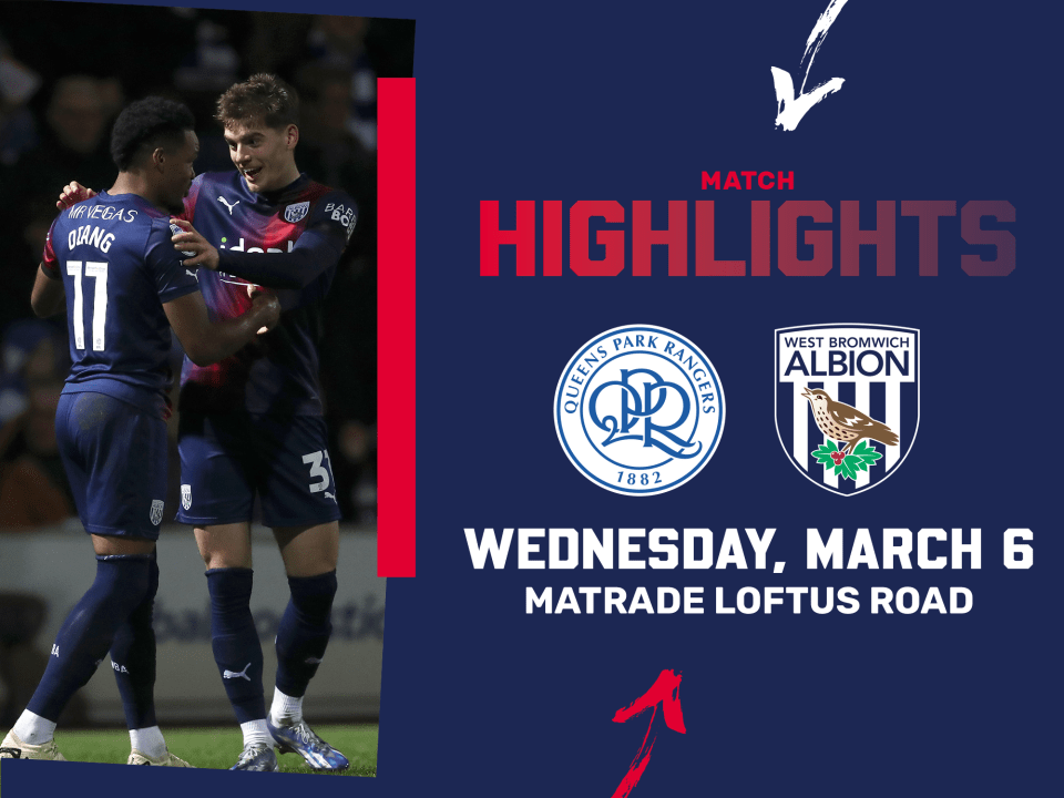 A match highlights photo graphic, in the 23/24 red and blue away colours, showing a picture of Grady Diangana and Tom Fellows embracing