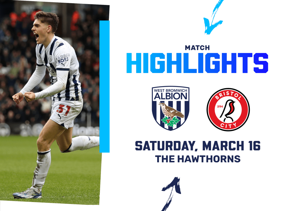 A match highlights photo graphic, with the club crests of Albion and Bristol City, showing a picture of Tom Fellows celebrating