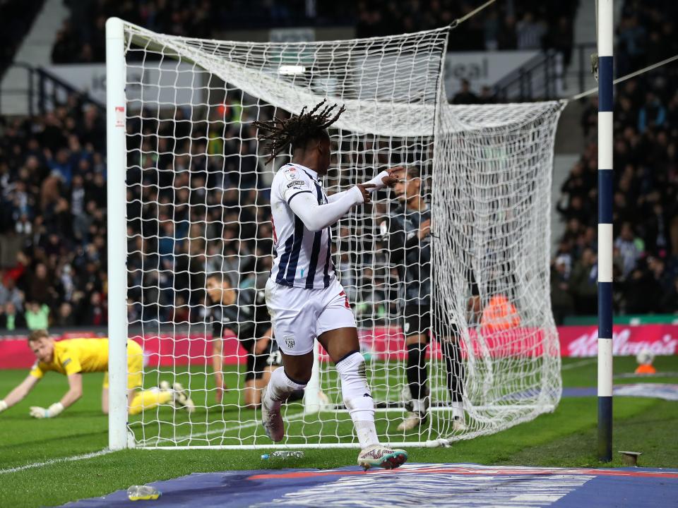 Brandon Thomas-Asante celebrates scoring against Rotherham United at The Hawthorns