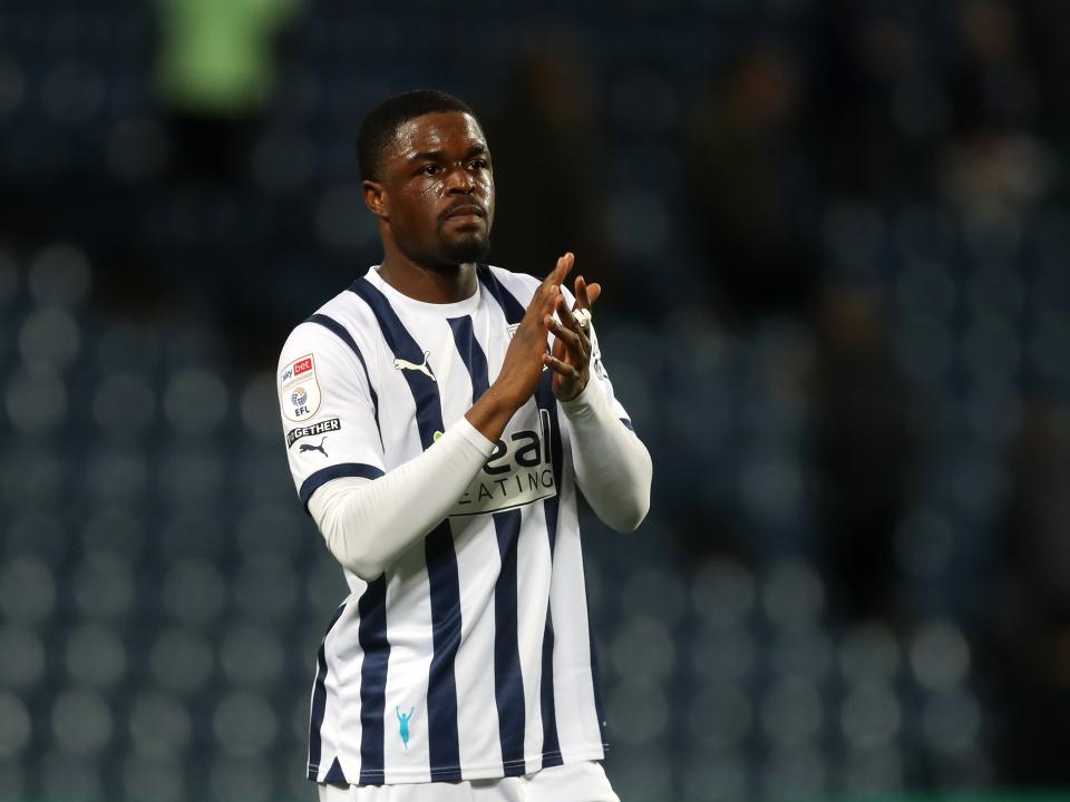 Josh Maja applauding Albion fans after the Rotherham game