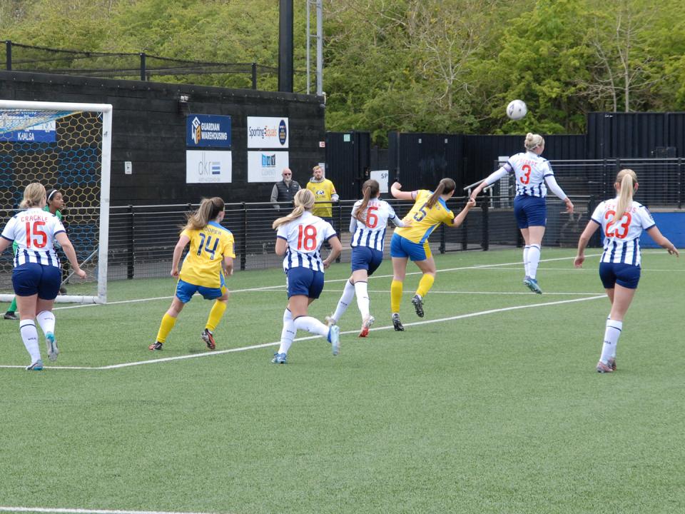 An image of Albion defending a corner against Sporting Khalsa