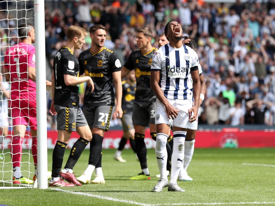 Grady Diangana looks frustrated as the Southampton goalkeeper saves his header at The Hawthorns 
