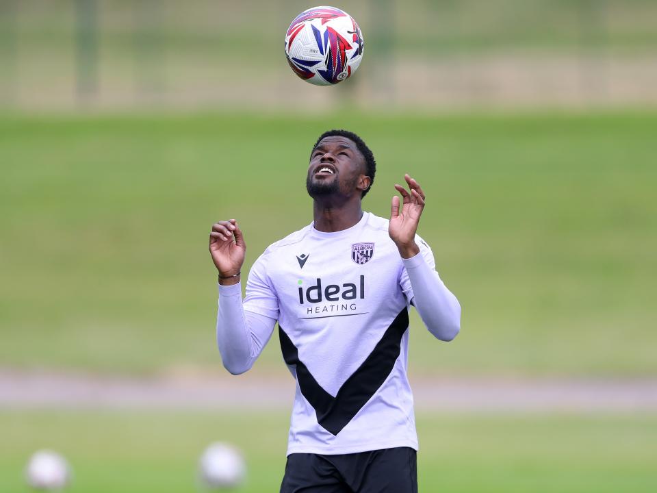 Josh Maja juggling the ball with his head during a training session 