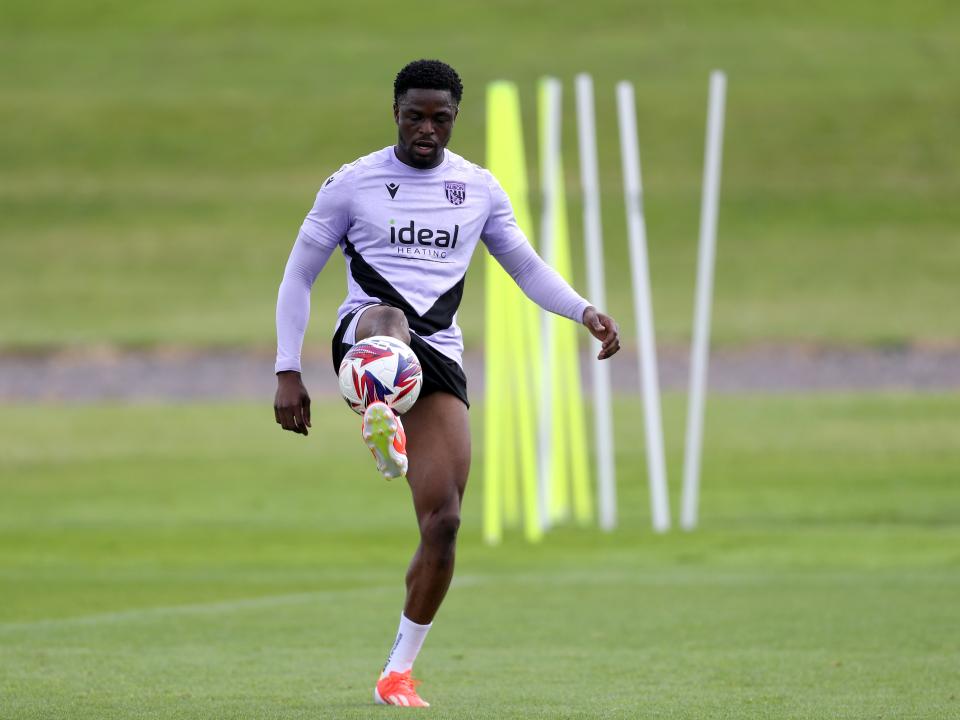 Josh Maja on the ball during training 