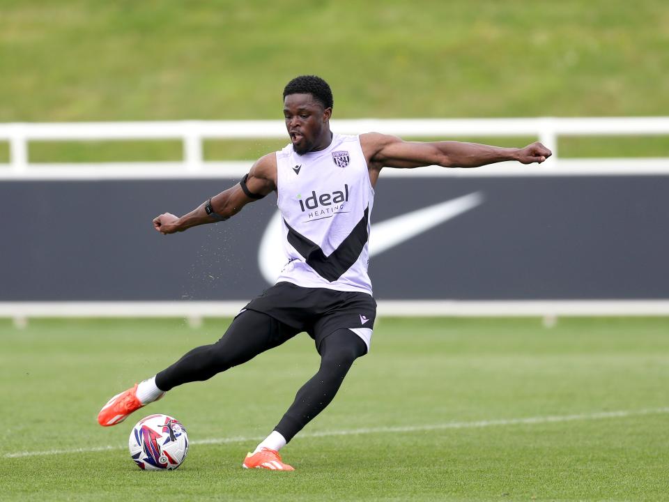 Josh Maja on the ball during a training session at St. George's Park