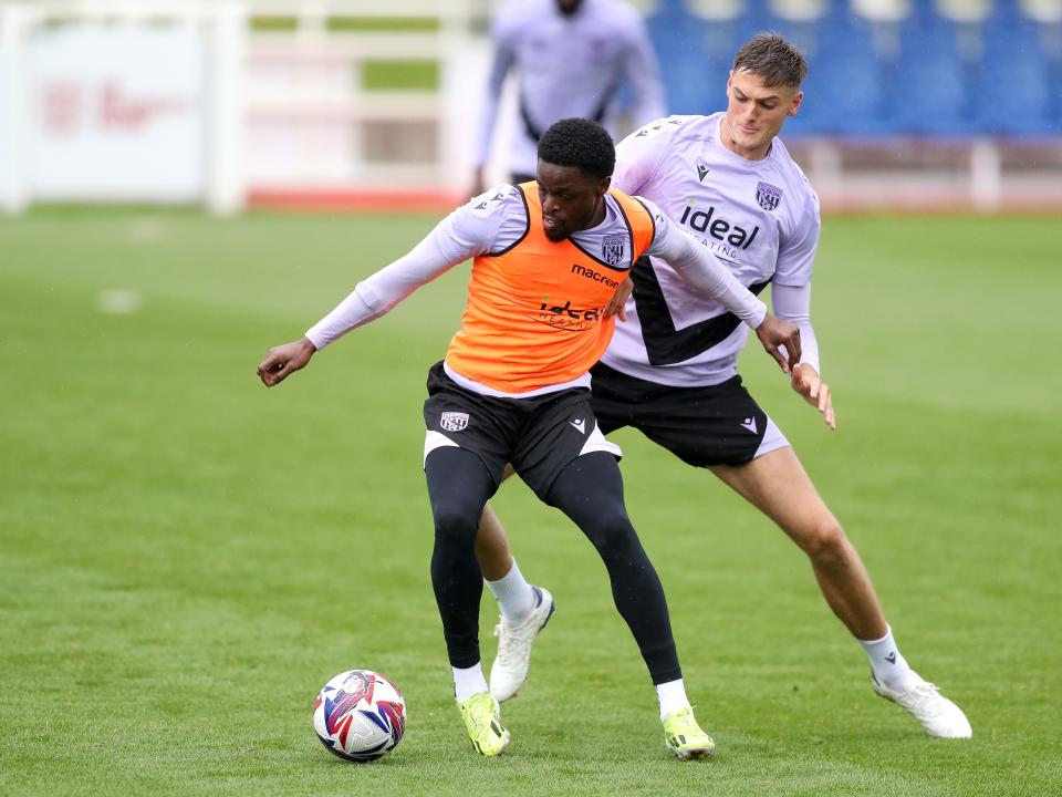 Josh Maja on the ball during a training session at St. George's Park