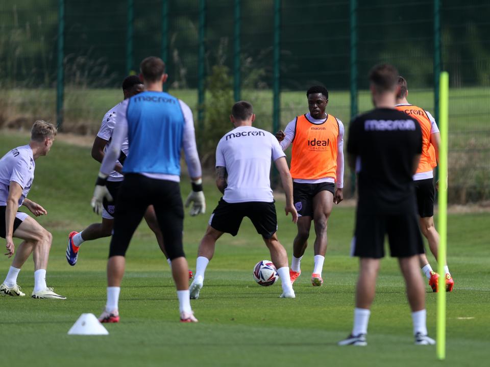 Josh Maja on the ball during training 