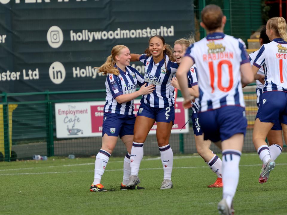 Albion Women celebrate their first goal against Halifax.