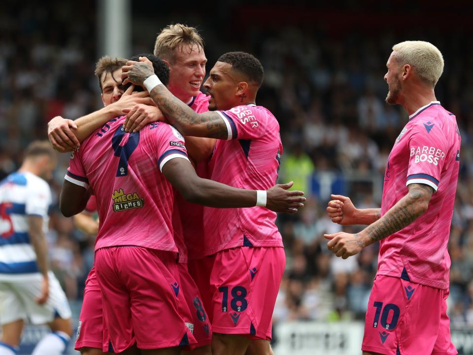 Josh Maja celebrates scoring his first goal at QPR with team-mates