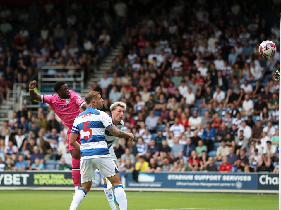 Josh Maja scores a header at QPR 
