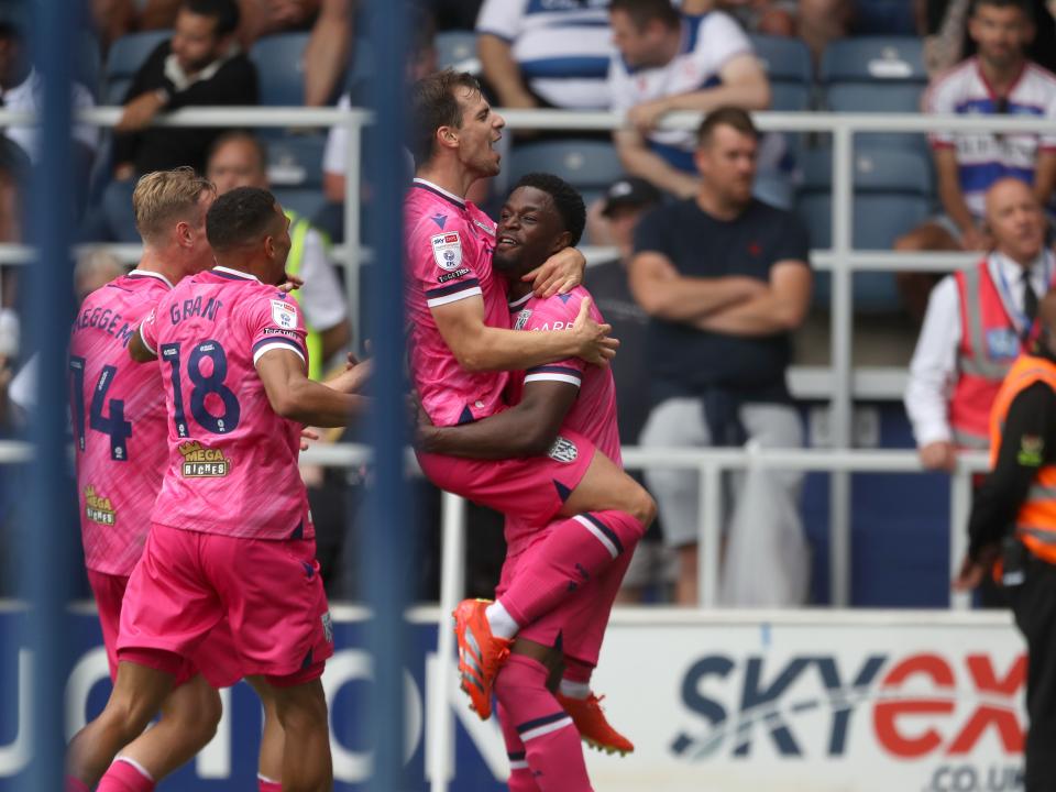 Josh Maja celebrates scoring his third goal against QPR with team-mates 