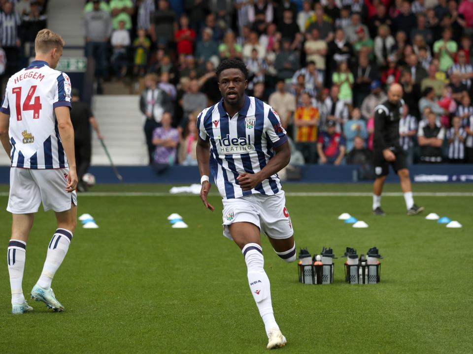 Josh Maja warming up before the game against Swansea at The Hawthorns 
