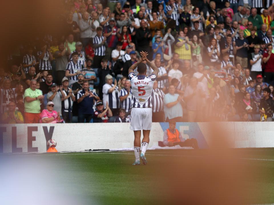 Kyle Bartley applauding Albion fans after the game against Swansea 
