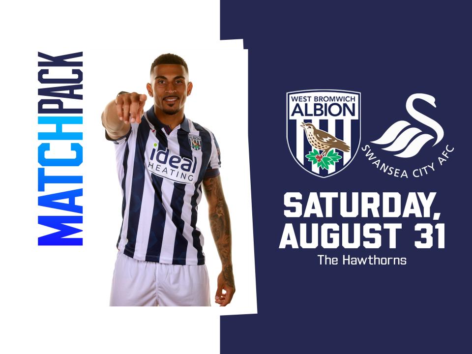 WBA v Swansea home match pack graphic with both club badges and an image of Karlan Grant pointing and smiling at the camera in a home shirt 