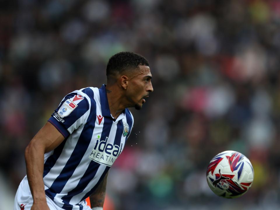 Karlan Grant looking at the ball against Plymouth 