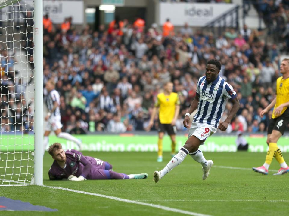 Josh Maja celebrates scoring against Plymouth at The Hawthorns
