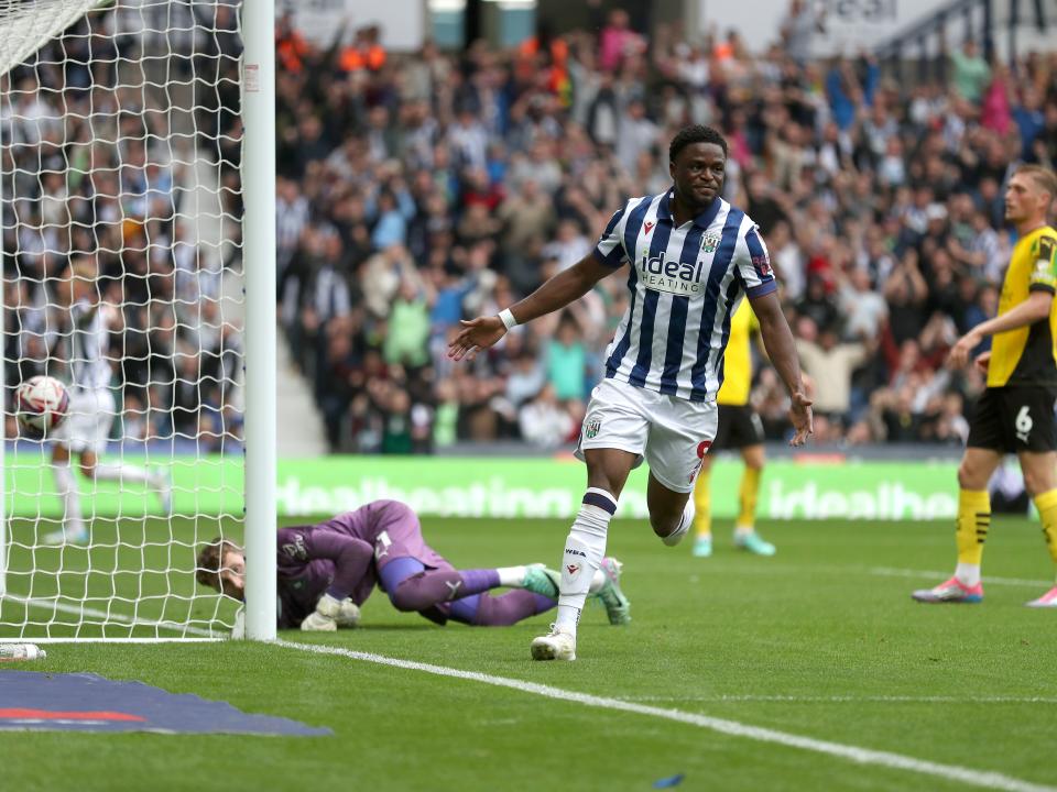 Josh Maja celebrates scoring against Plymouth at The Hawthorns
