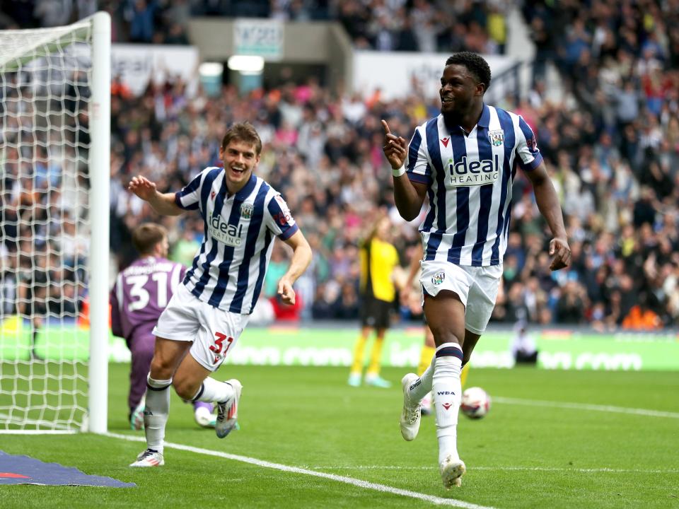 Josh Maja celebrates scoring against Plymouth at The Hawthorns