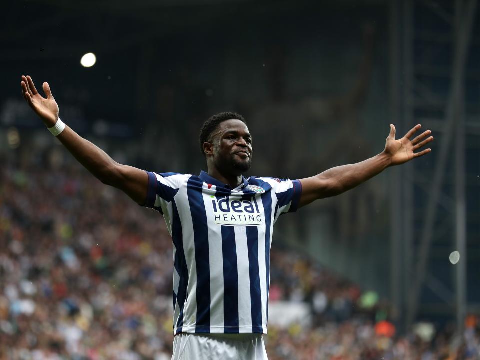 Josh Maja celebrates scoring against Plymouth at The Hawthorns