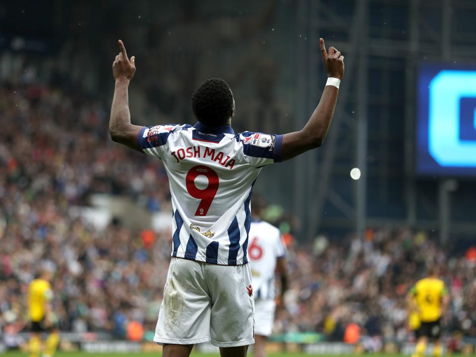 Josh Maja celebrates scoring against Plymouth at The Hawthorns
