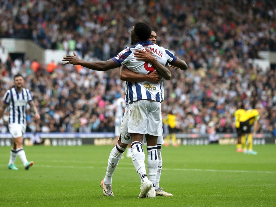 Josh Maja celebrates scoring against Plymouth with team-mates at The Hawthorns