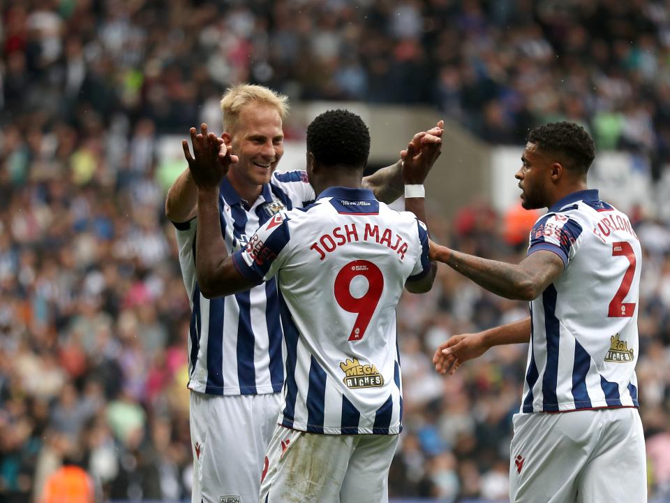 Josh Maja celebrates scoring against Plymouth with team-mates at The Hawthorns