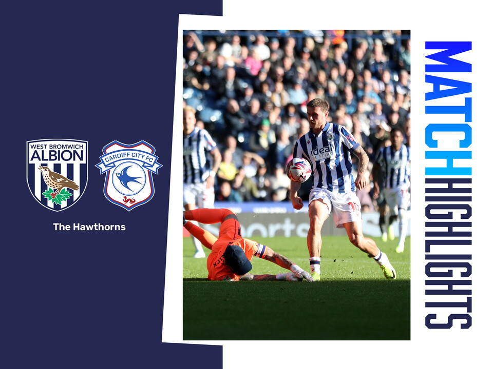 A match highlights graphic from the 2024/25 season, showing abides of Albion, Cardiff City, and an action photo of John Swift
